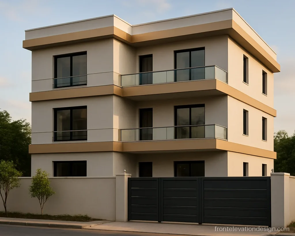 ACP sheet front elevation with champagne metallic bands on a G+2 building front