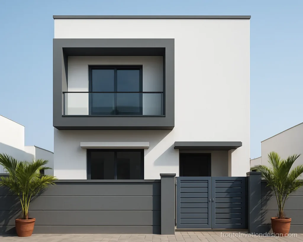 Modern ACP sheet front elevation design with a grey ACP frame on a white house