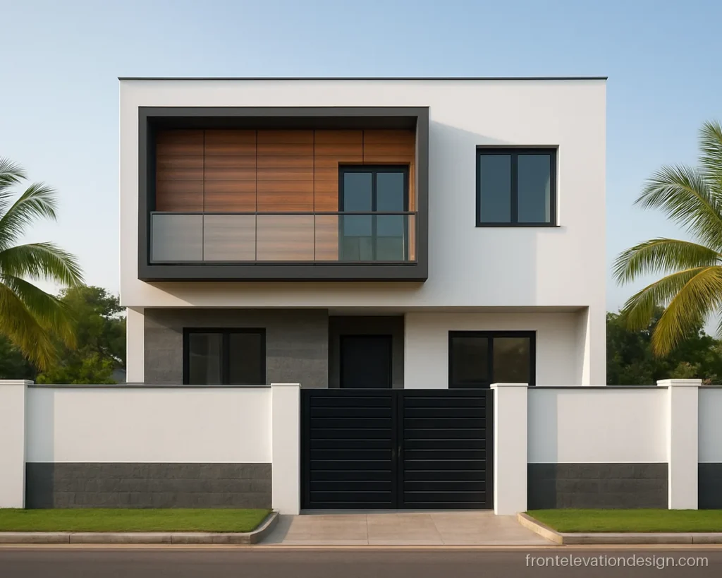 Modern HPL front elevation with wood panels inside a dark grey frame