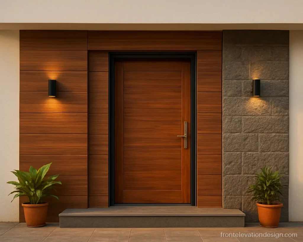 ACP front elevation with a wood finish door wall beside grey stone cladding