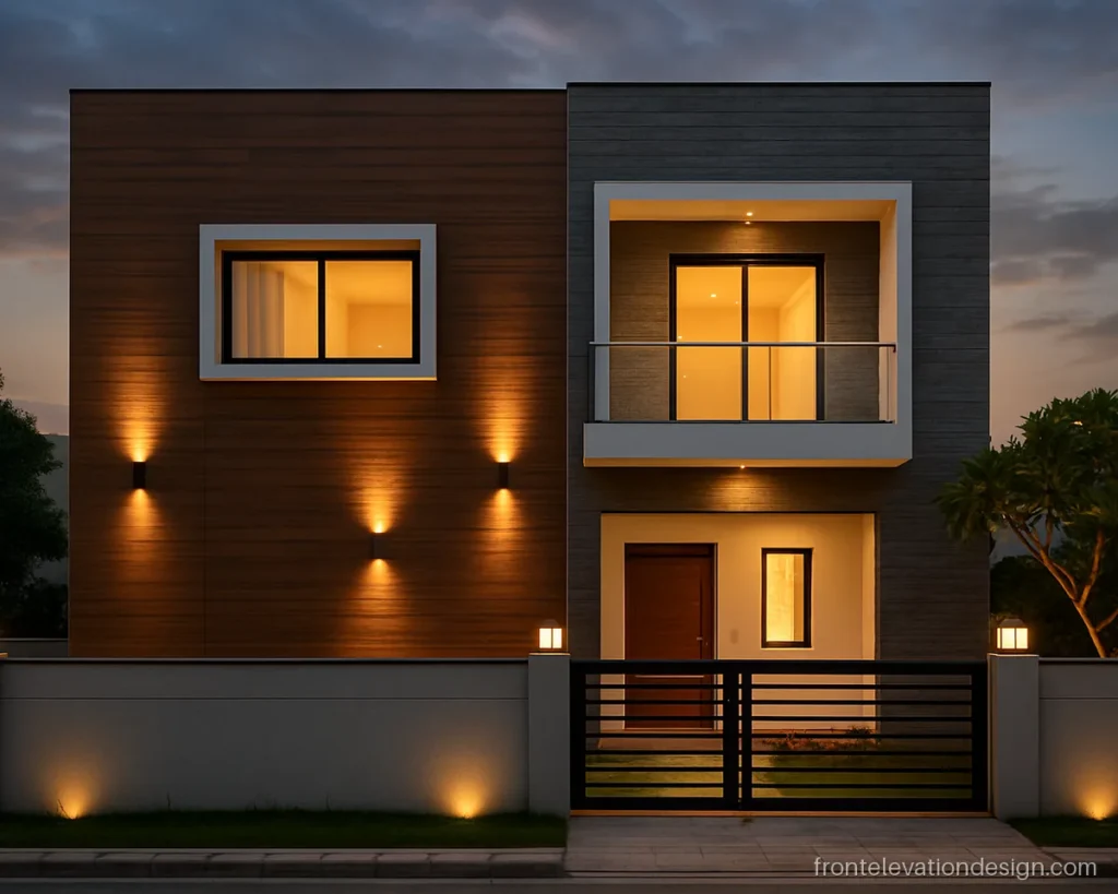 Wood front elevation with HPL and stone mix lit by wall washers at dusk