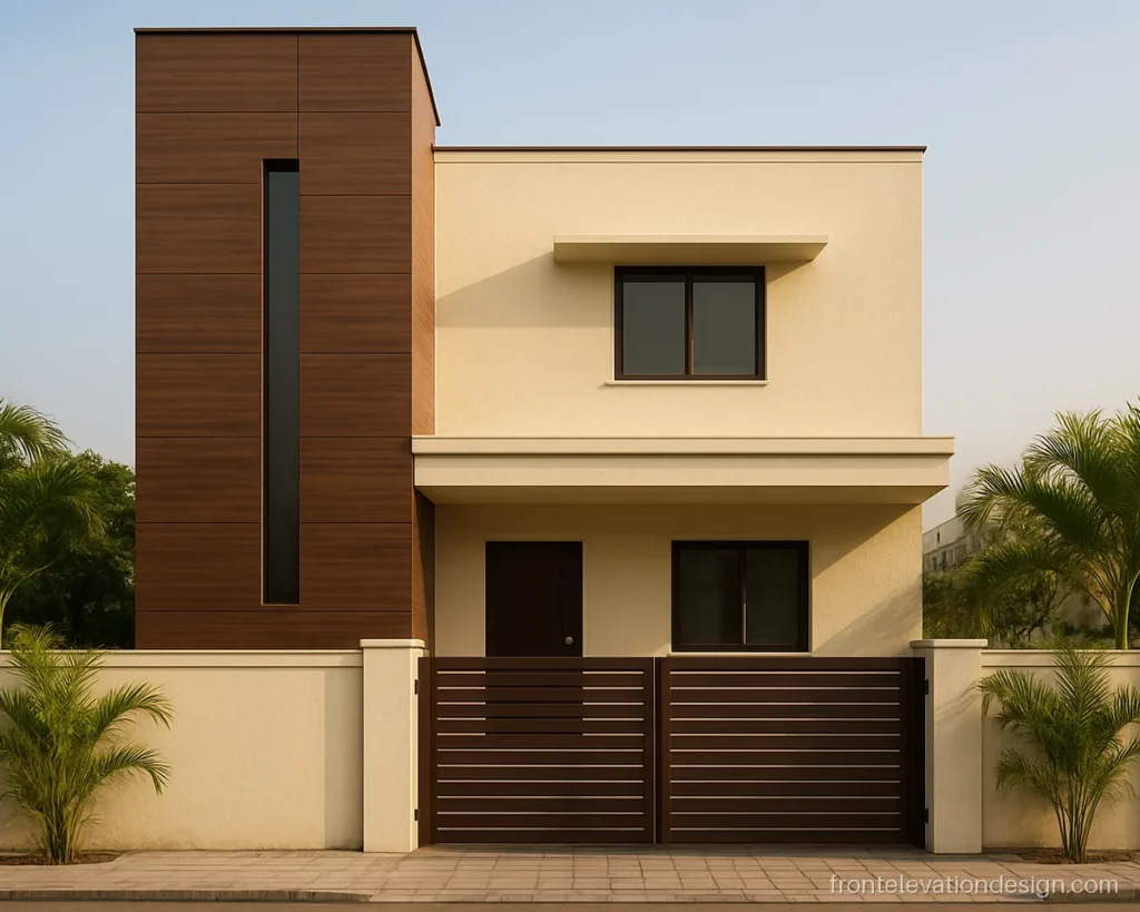 Wooden ACP front elevation on a staircase tower with cream walls