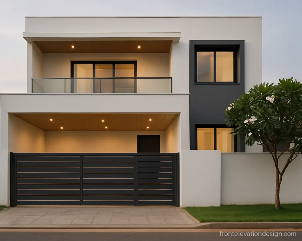 Front elevation acp sheet design with wood finish soffit under a white porch