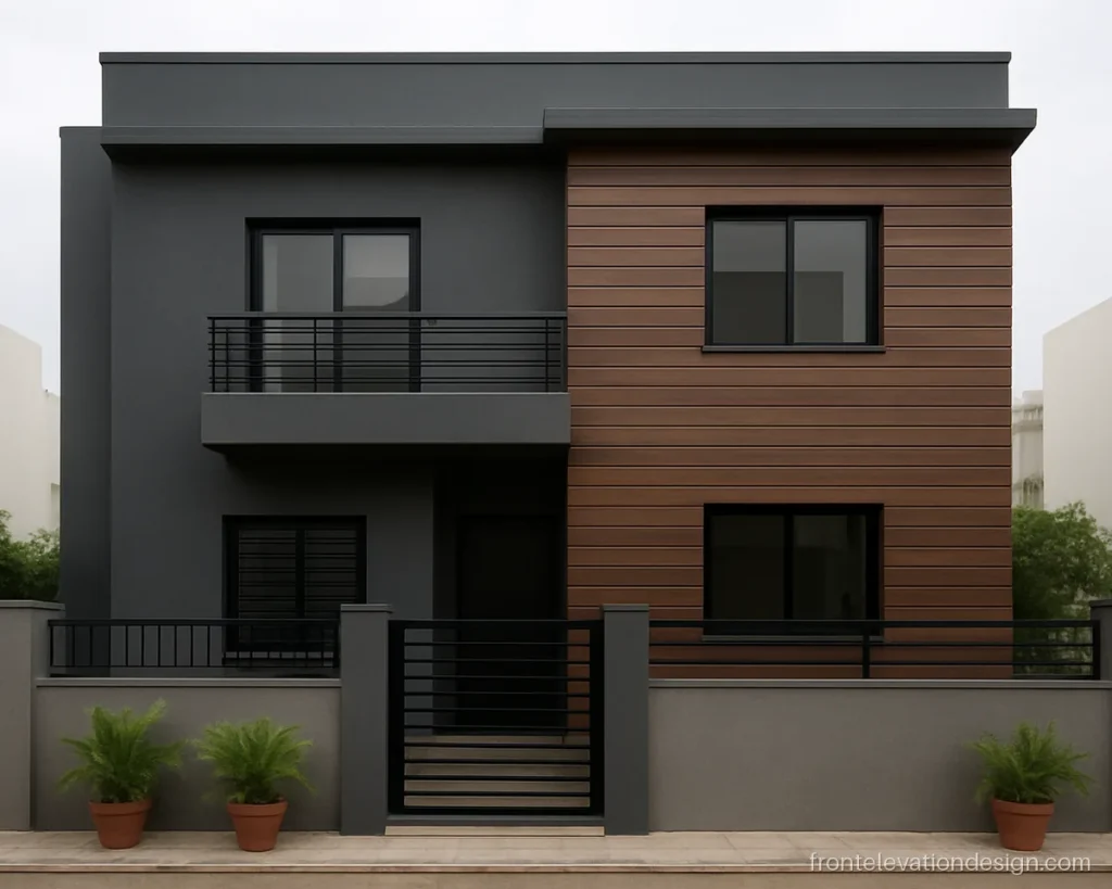 Front elevation exterior WPC wall cladding with horizontal planks on a grey house