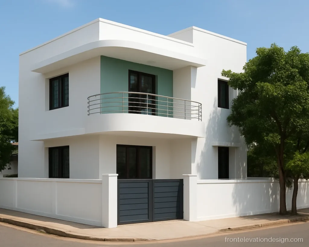 Balcony 30 ft front elevation with a curved corner balcony and steel railing