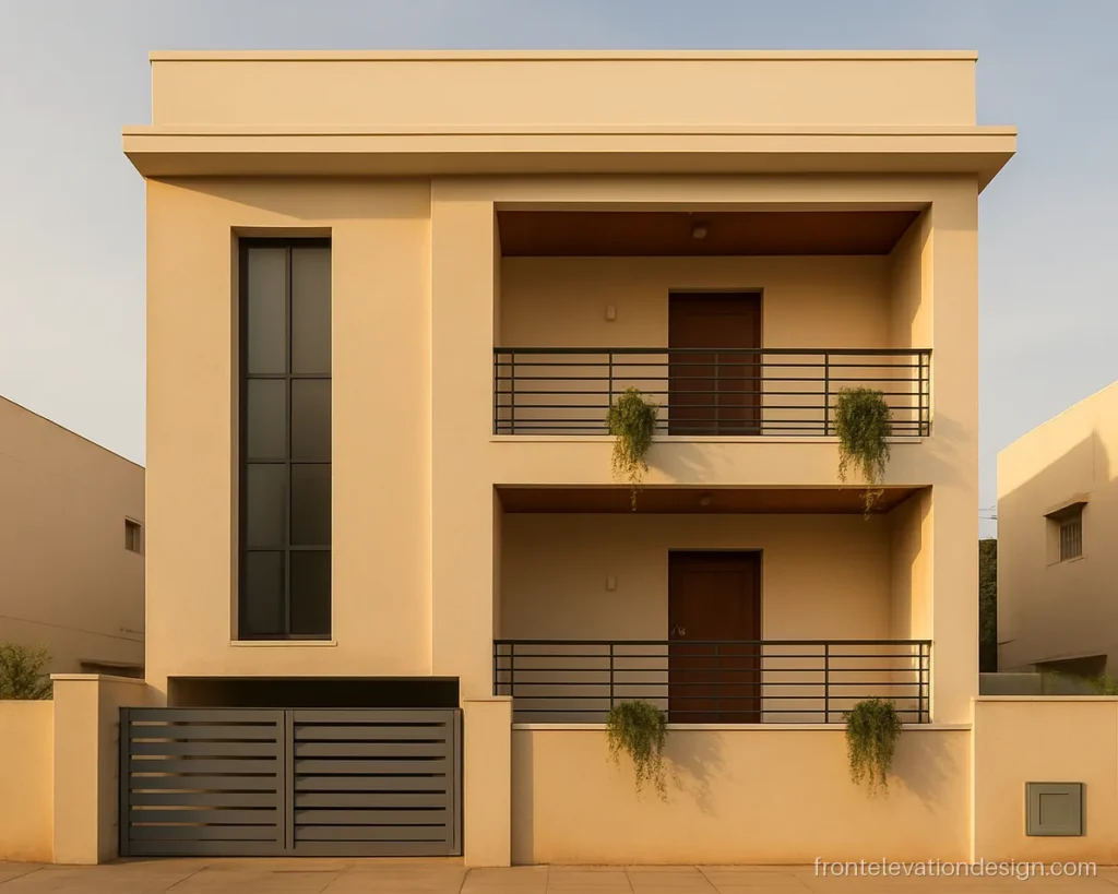 Balcony front elevation for duplex house with two stacked balconies and wood ceiling