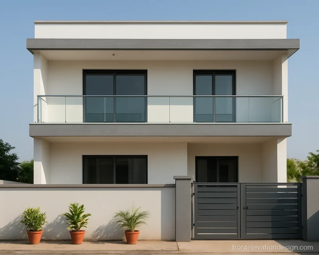 Front elevation design double floor with balcony running the full width with glass railing