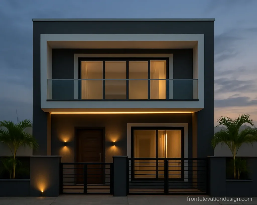 Balcony front elevation glass design for home with a frameless railing at evening