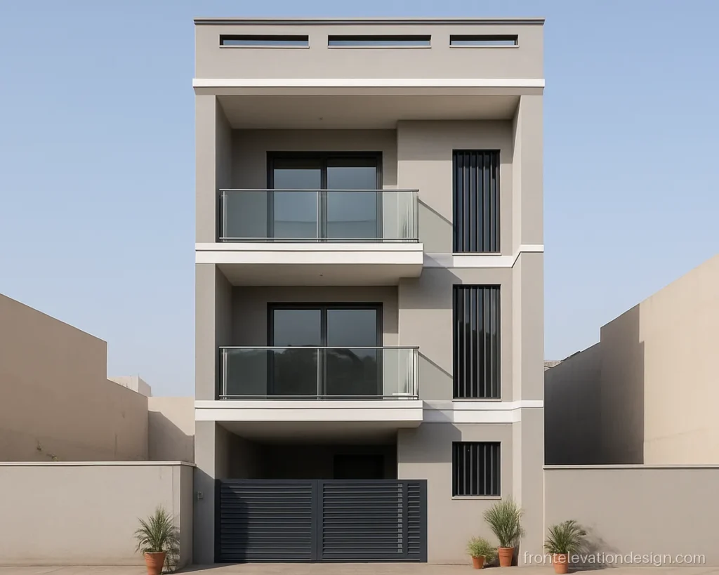 Front elevation parapet wall design with cutouts and a slim steel top rail