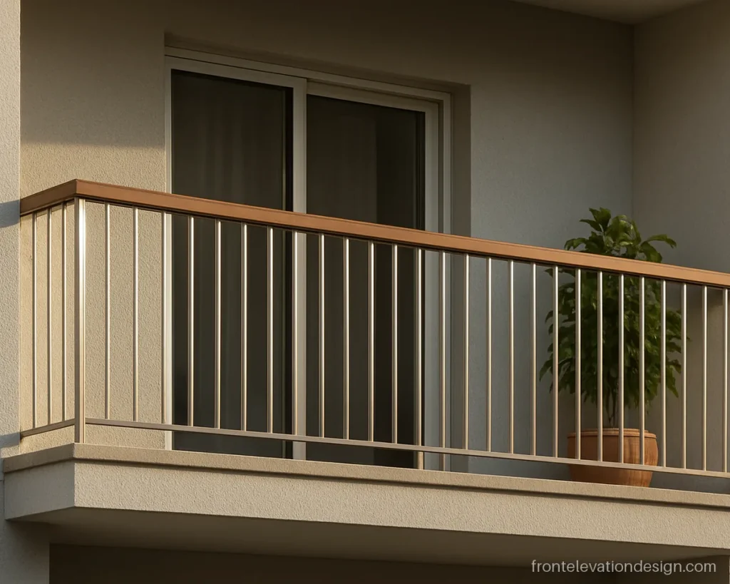 Front elevation railing design with stainless steel vertical rods and a wood handrail