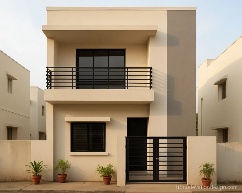 Front elevation steel grill design with black horizontal bars on a first floor balcony
