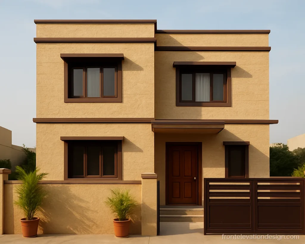 Beige sandstone texture front with chocolate brown window frames on a G+1 house