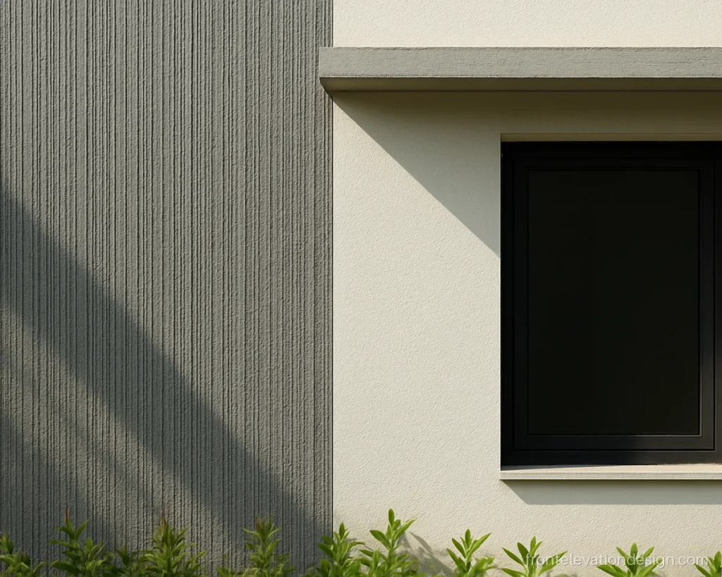 Close-up of stone grey combed texture paint panel beside a smooth white wall and window
