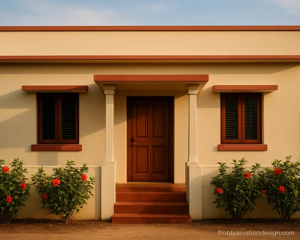 Single floor house front with cream walls and terracotta red bands on chhajja and porch