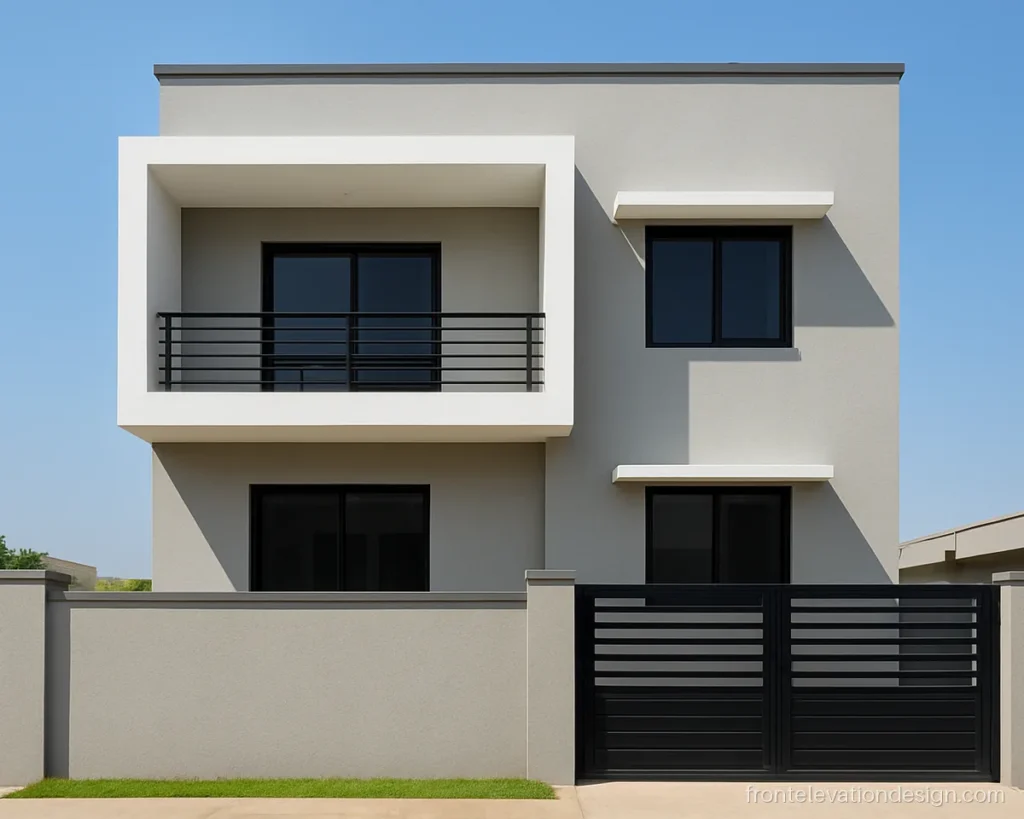 Grey and white front elevation with a white box frame and dark grey parapet