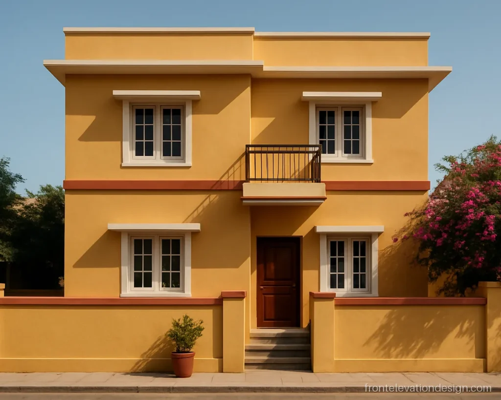 Front elevation colour combination Indian style with ochre walls, brick red bands and white trims