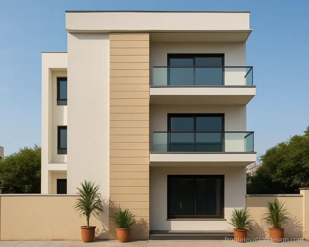 Front elevation modern wall putty texture design with horizontal groove lines on a G+2 house
