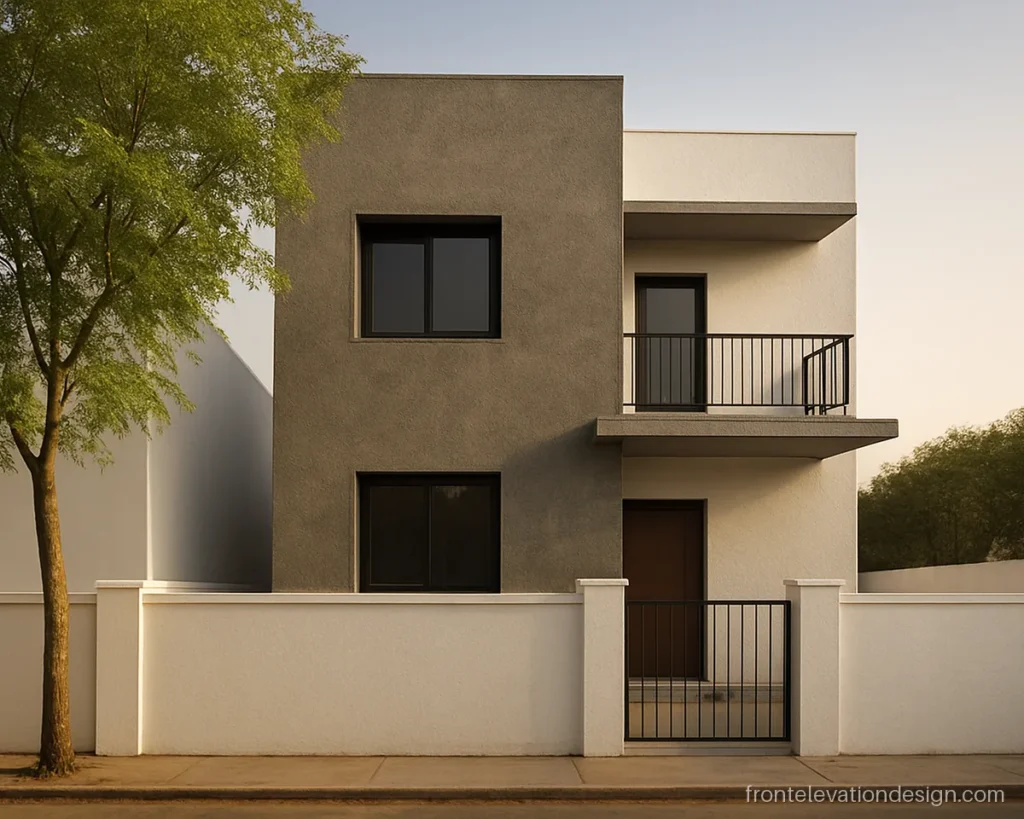 Rustic texture design for front elevation on a warm grey box with smooth white walls