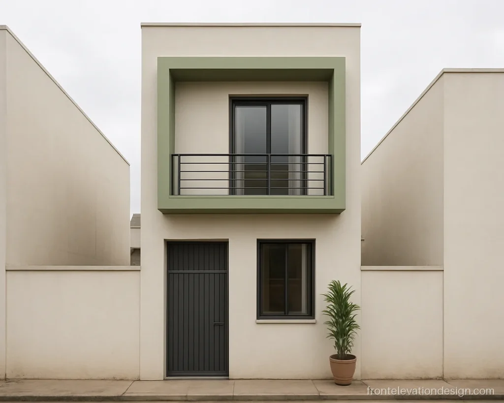 Narrow G+2 house front elevation with a sage green box and off-white side walls