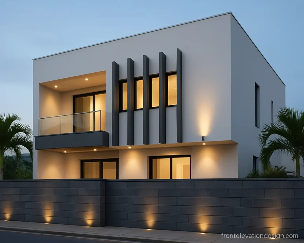 Three-quarter view of a G+2 house front with slate grey fins on a white body