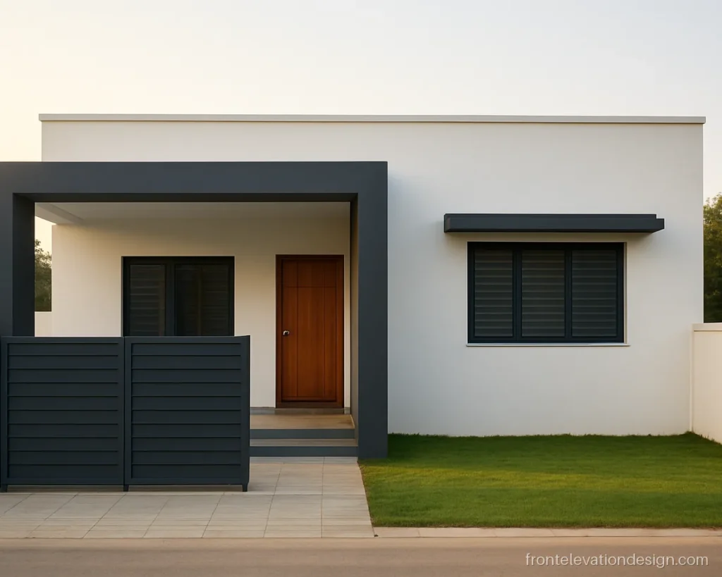 White single floor home front with a grey porch frame and a wood finish strip