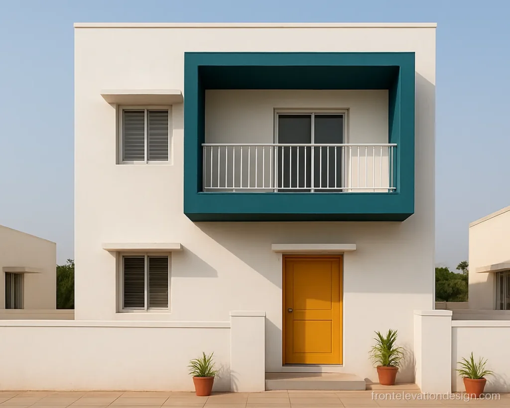 Front elevation with white walls and a deep teal accent box around the balcony