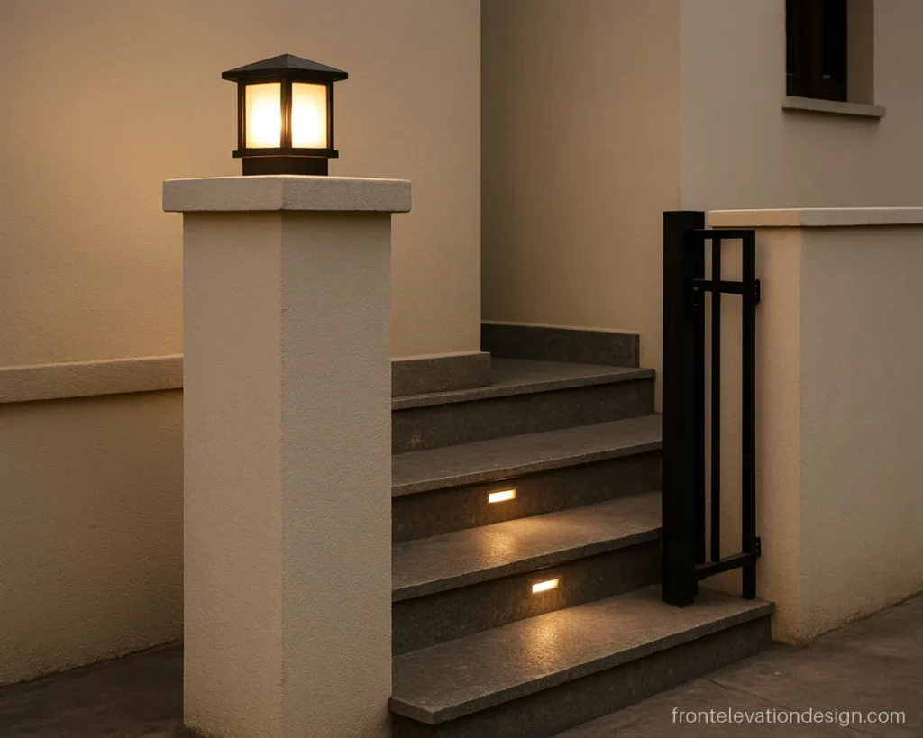 Close-up of a gate pillar lamp and step lights at the front entrance of a house