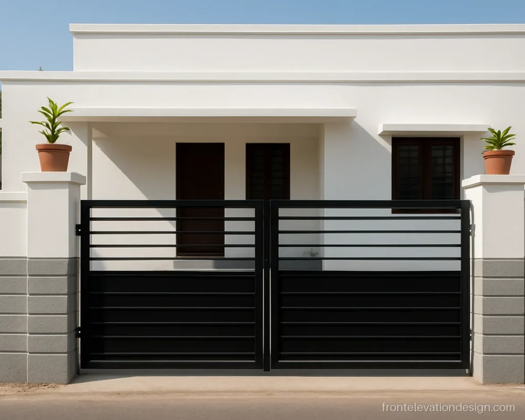Compound wall front with cement plaster grooves in grey and white and a black sliding gate