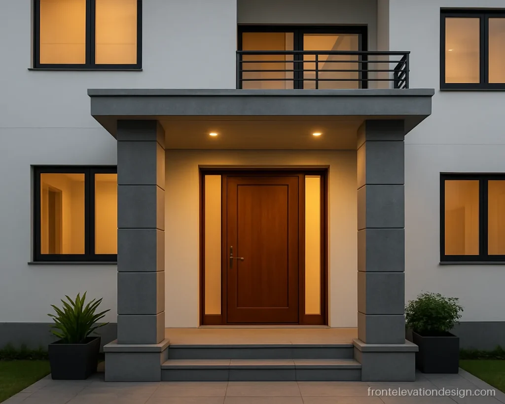 Front door elevation design with grey stone pillars and a wooden door with side glass