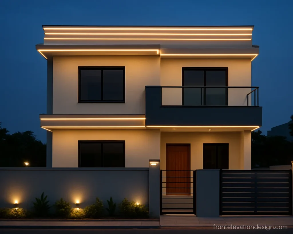 Profile light front elevation with LED strips in parapet grooves on a G+1 house at dusk