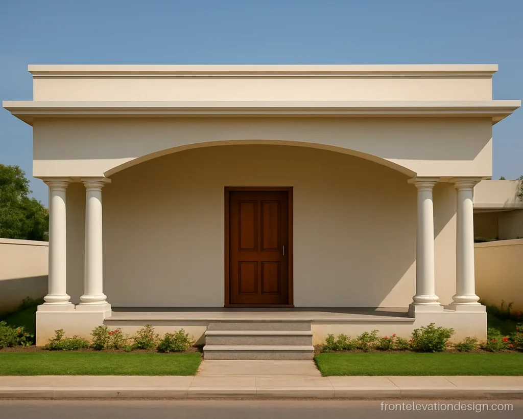 Front elevation with pillars: two round columns and a flat arch over a single floor porch