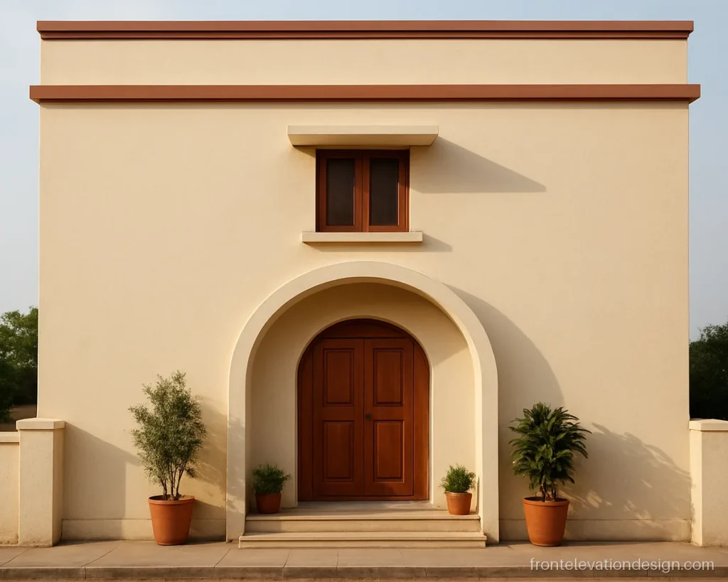 Arch design for front elevation with a semicircle arch over a teak main door