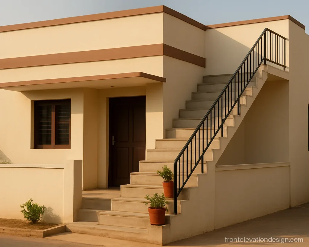 Front elevation house design with stairs outside going up to the terrace of a single floor home