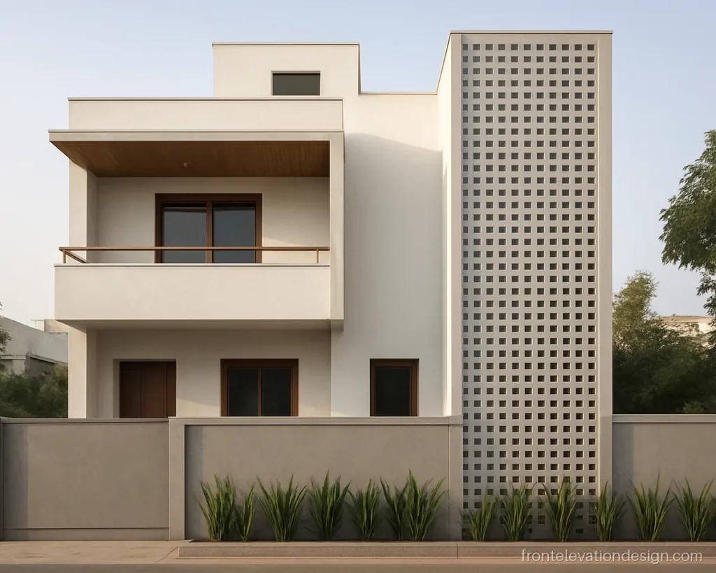 Staircase front elevation with a cement jali wall and stair room on top of a G+2 house