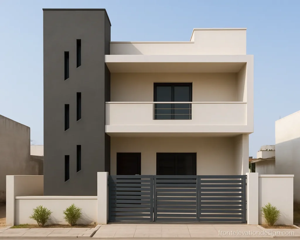Front staircase elevation design with a tall tower and stepped slit windows on a G+1 home