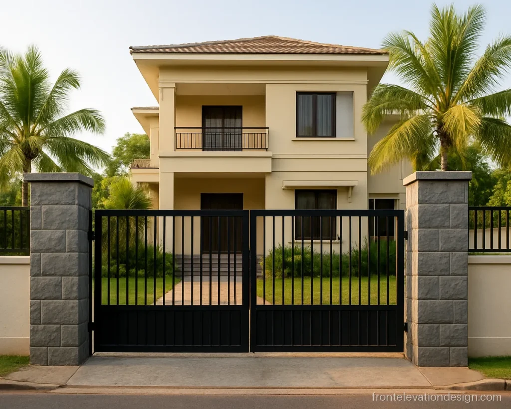 Front main gate elevation design with stone clad pillars and black grille compound wall infill