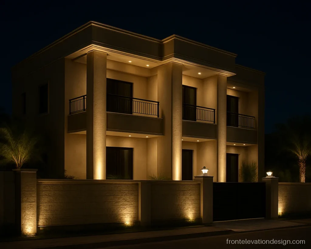 Outside front elevation lights with uplights on pillars and wall washers on a G+2 house