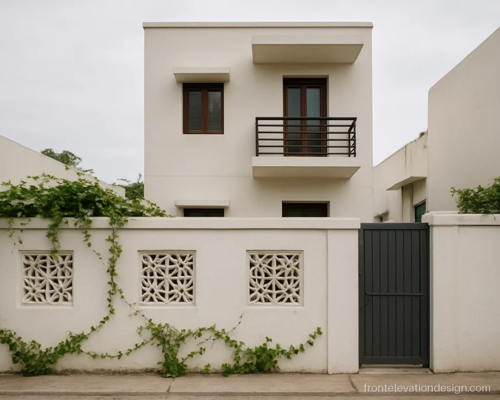 Simple white compound wall with small cement jali panels and a narrow swing gate