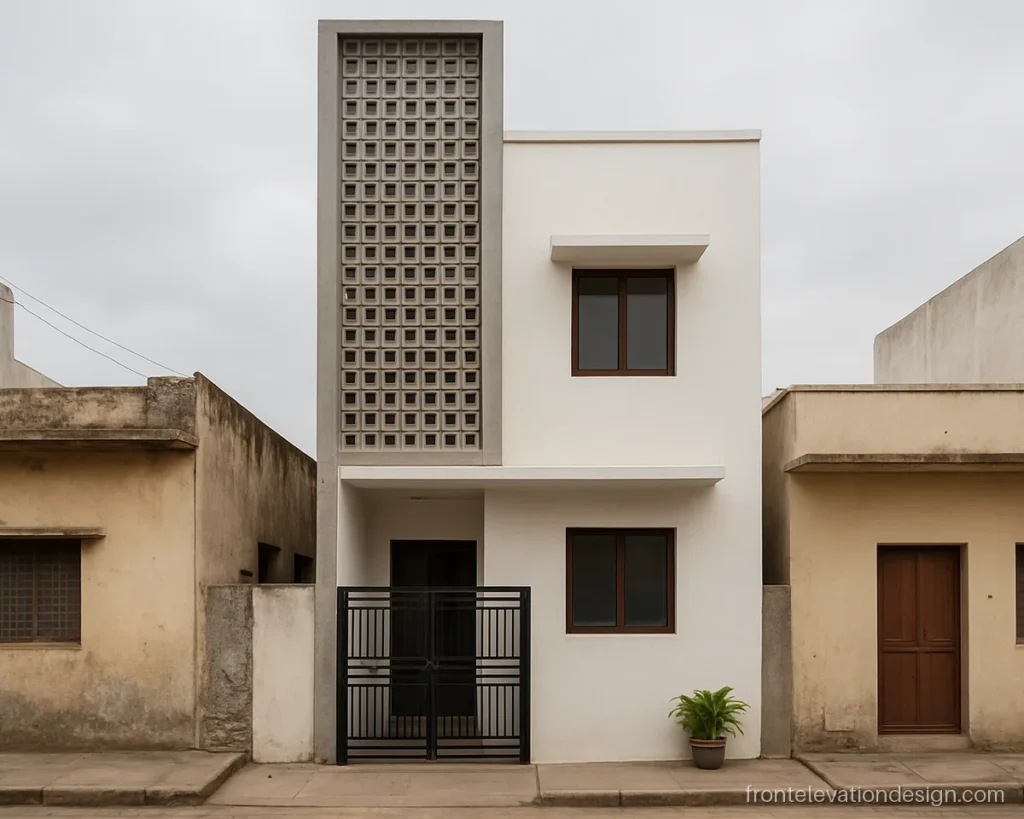 2 floor front elevation for small houses with a grey staircase tower and jali