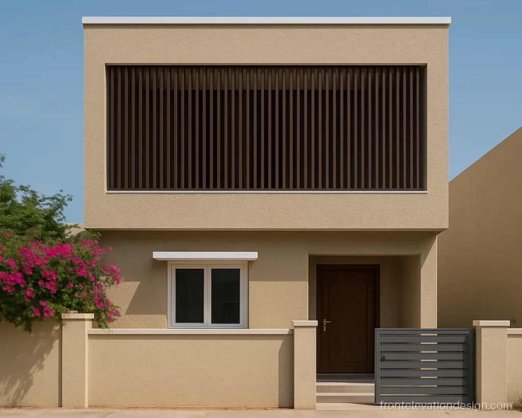 Front elevation design double floor with beige walls and vertical louver screen over balcony