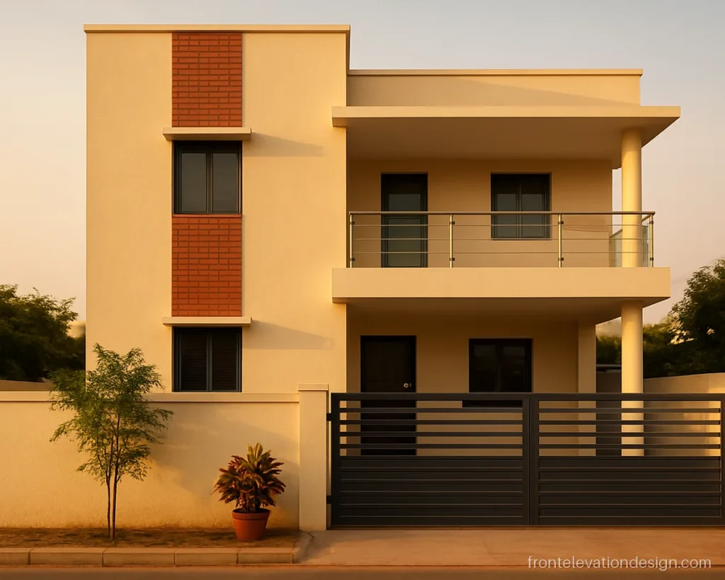 Home front elevation design double floor with red brick tile strips and a car porch
