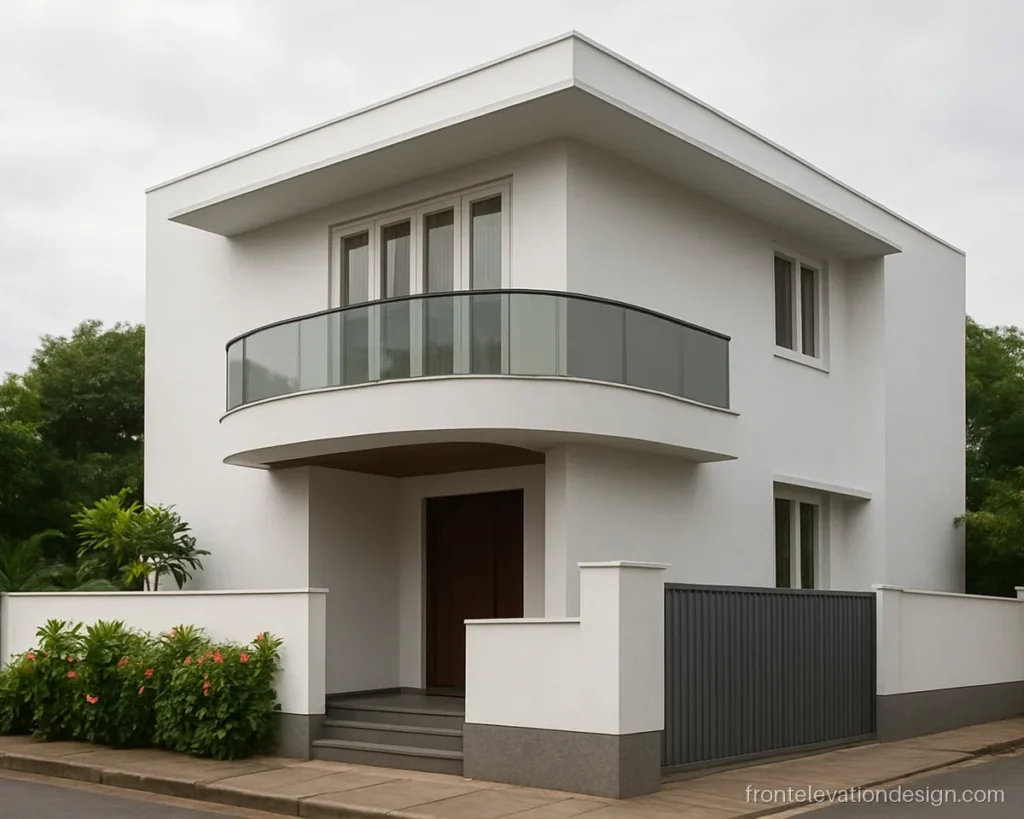 Double floor house front elevation with a curved balcony slab and grey glass railing