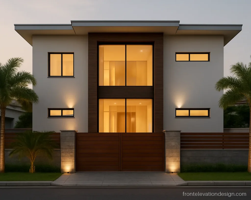 Duplex house modern 2 floor front elevation with a double height glass and wood frame