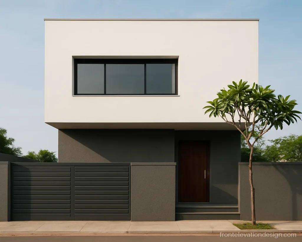 Modern duplex front elevation in grey and white with a cantilever bedroom box