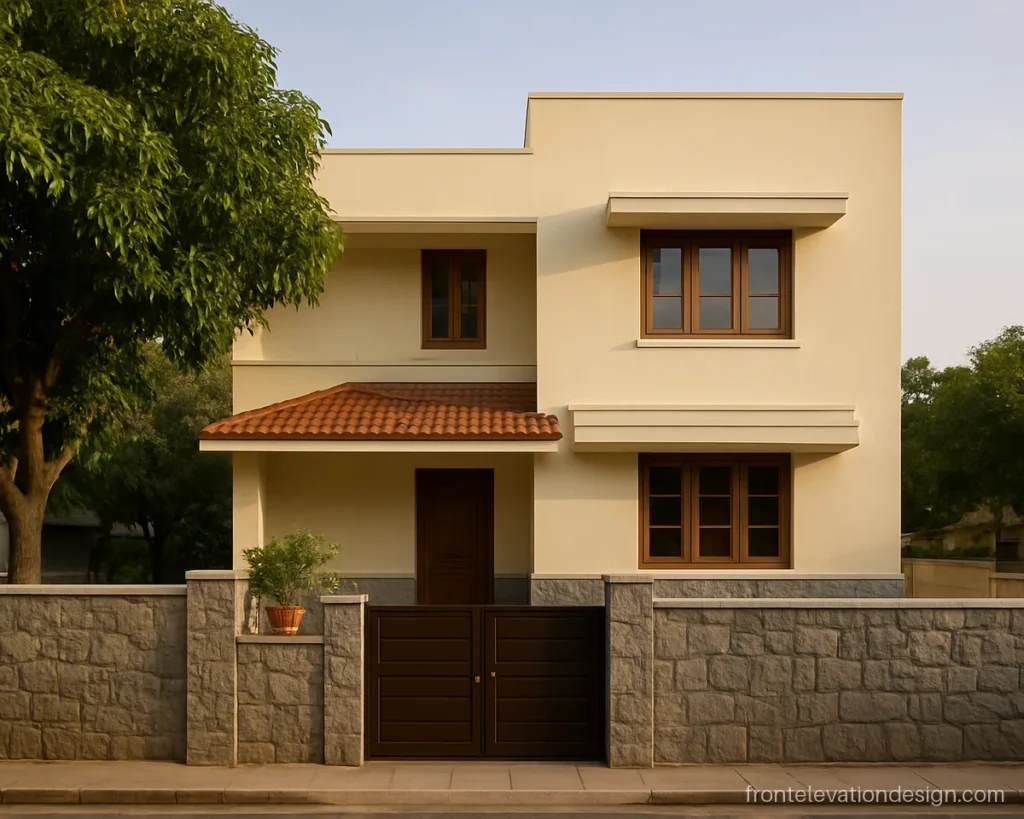 Duplex front elevation design with a sloped roof section and stone clad base
