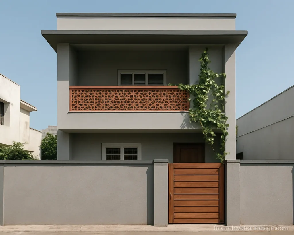 Double floor front elevation with terracotta jali on the balcony and a plain parapet