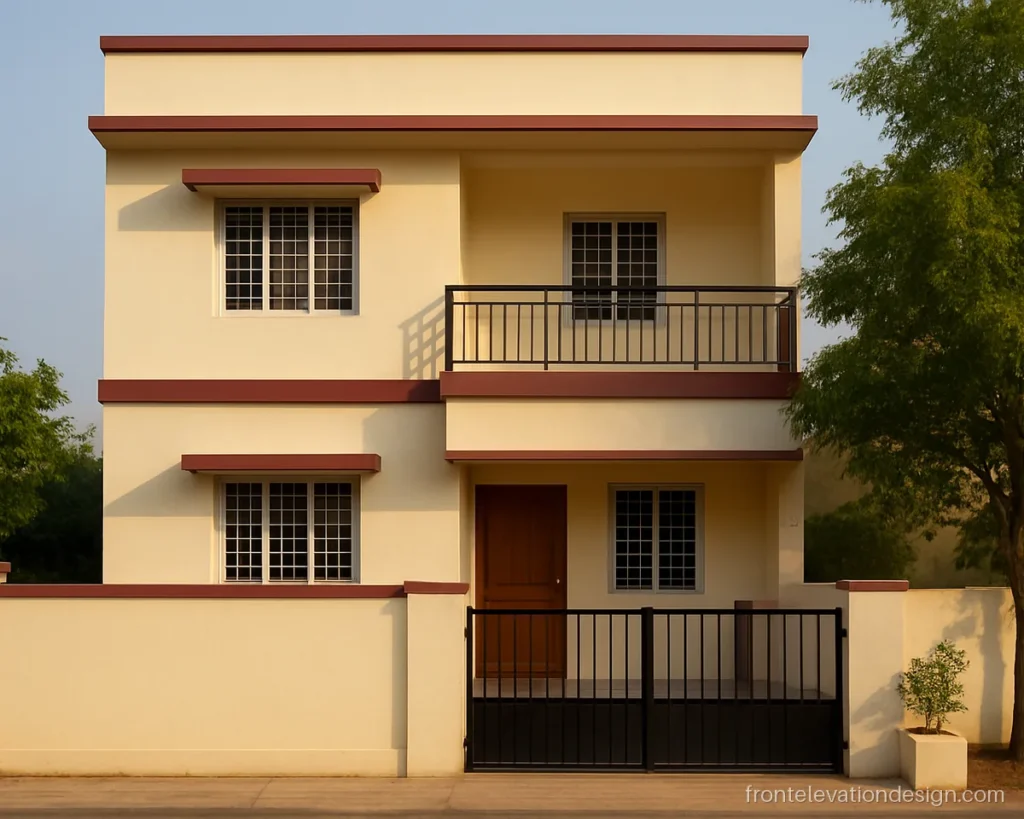 Double floor normal house front elevation with cream walls and maroon chhajja bands