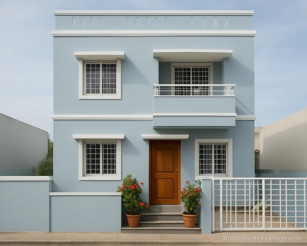 Simple front elevation for 2 floor house in sky blue and white with box grills