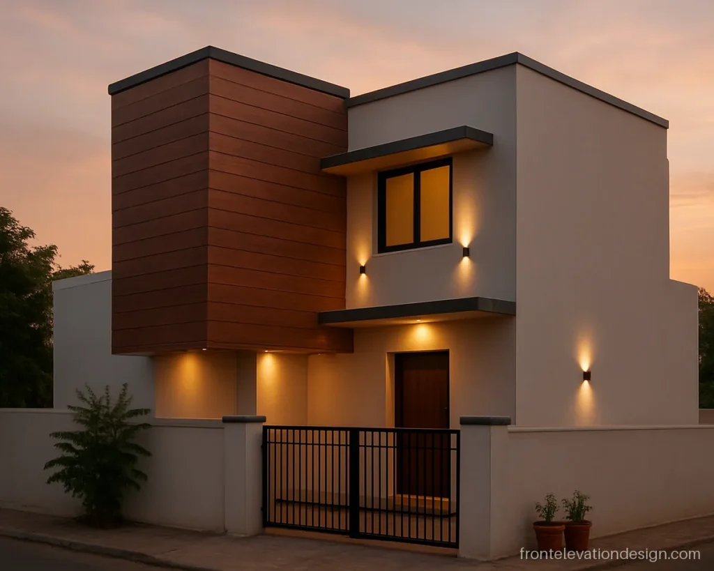 Modern double floor front elevation for small house with a wood panel stair box