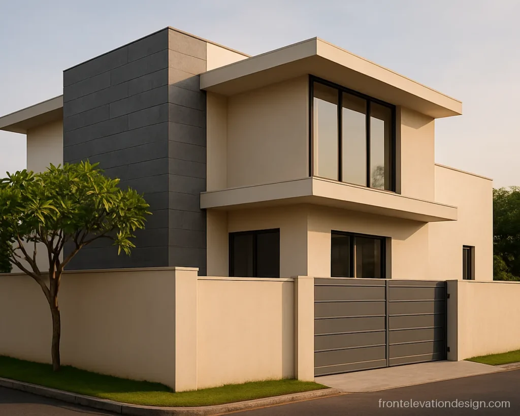 Modern 2 floor front elevation with a stone clad column and a glass corner window